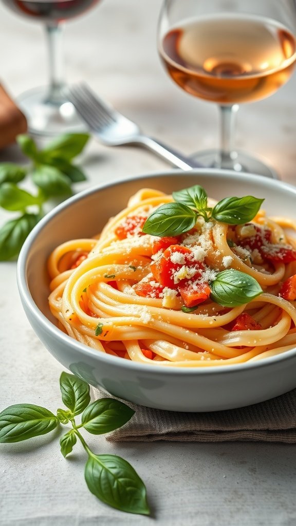 A bowl of Pasta alla Vodka garnished with fresh basil and Parmesan cheese.