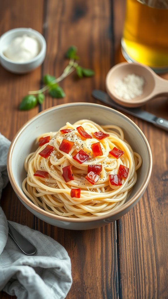A delicious plate of Pasta Carbonara with crispy bacon, garnished with parsley.