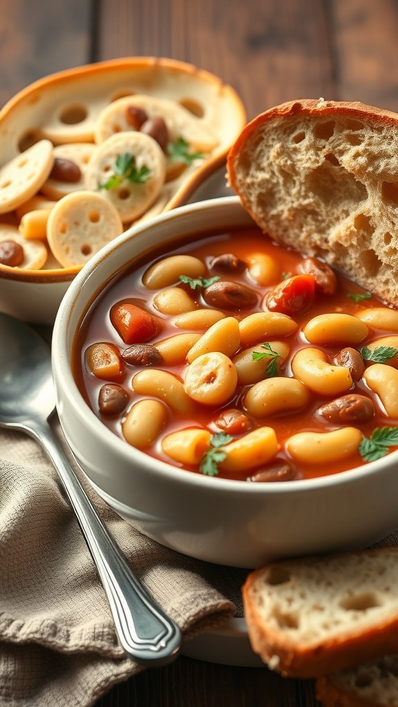 A cozy bowl of Pasta e Fagioli soup with beans and pasta, served with bread.