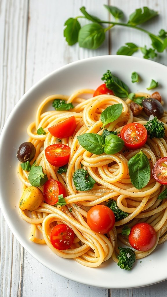 A plate of Pasta Primavera with cherry tomatoes, broccoli, and basil.
