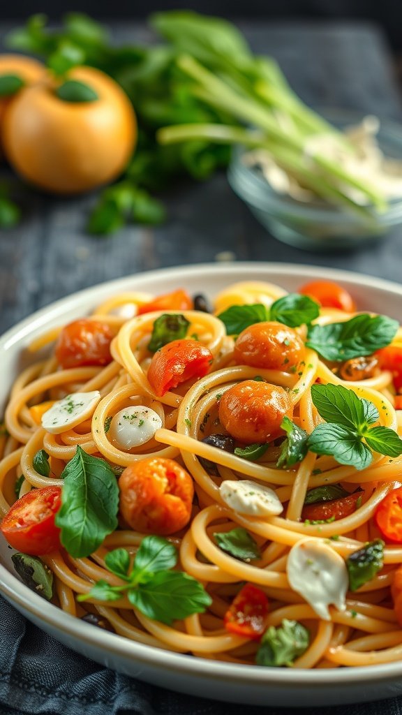 A plate of Pasta Primavera with seasonal vegetables.