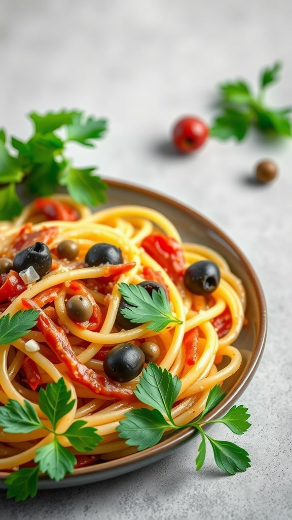A plate of Pasta Puttanesca with anchovies, olives, and fresh parsley.