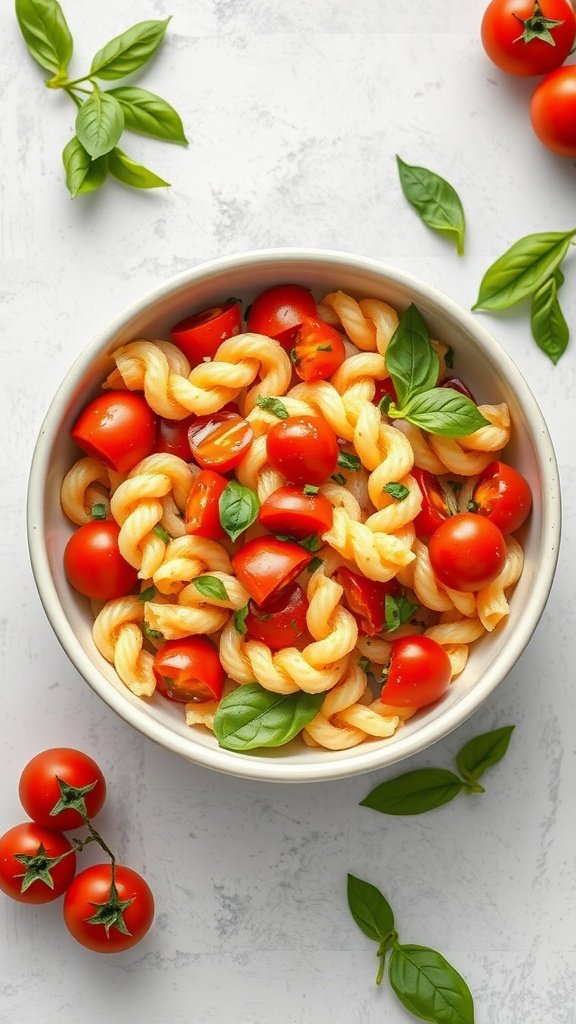 A bowl of pasta salad with cherry tomatoes and fresh basil, surrounded by additional cherry tomatoes and basil leaves.
