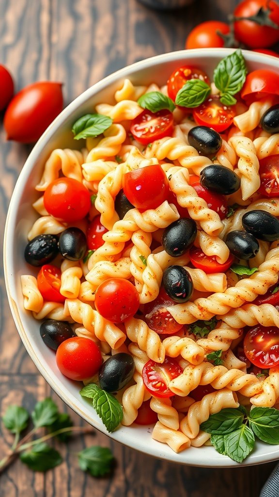 Colorful pasta salad with cherry tomatoes, black olives, and fresh basil