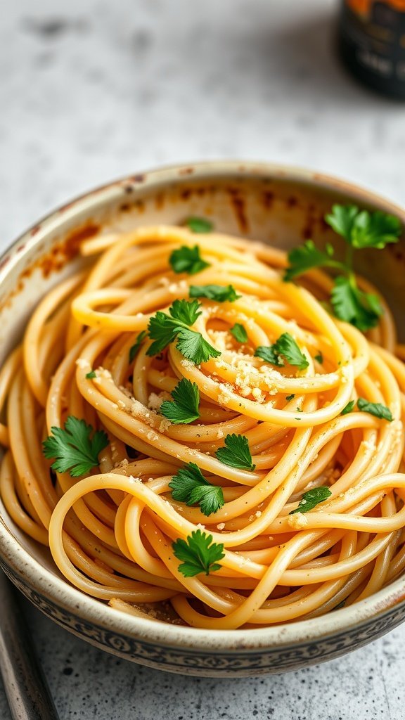 A bowl of pasta garnished with parsley and cheese