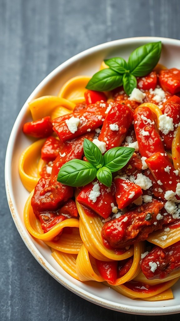 Delicious plate of pasta topped with roasted red pepper sauce and fresh basil.