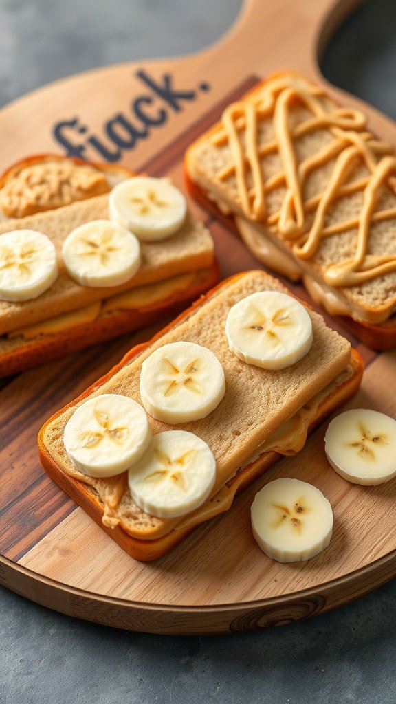 Two peanut butter and banana sandwiches on a wooden board