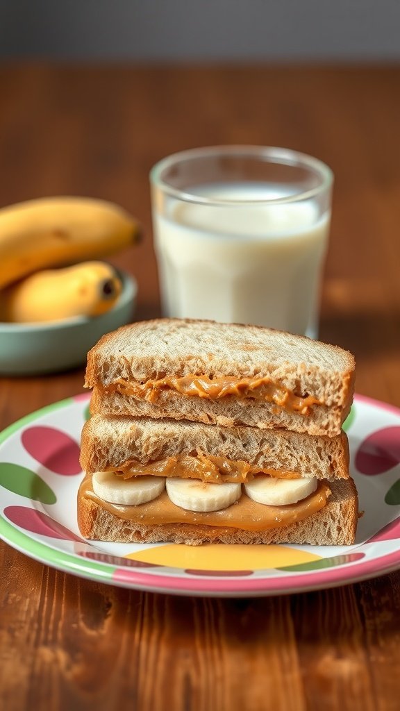 A Peanut Butter Banana Sandwich on a colorful plate, accompanied by a glass of milk and bananas.
