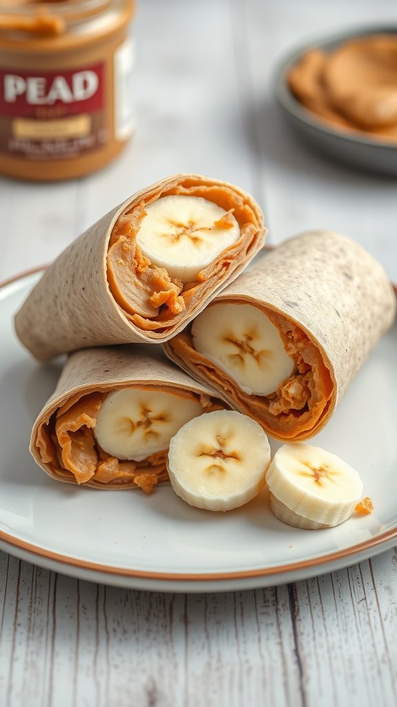 A peanut butter banana wrap, sliced and displayed on a plate with a jar of peanut butter in the background.