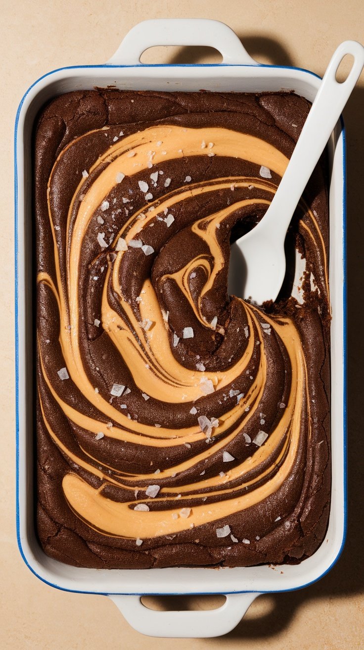 A dish of peanut butter swirl brownies, featuring creamy peanut butter swirls on top of rich chocolate brownies, with a sprinkle of sea salt.