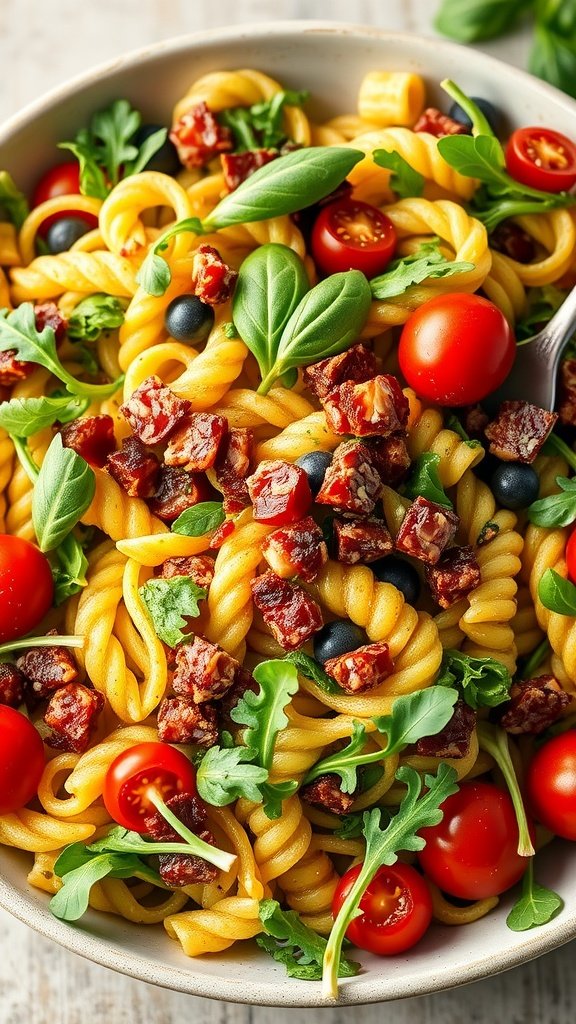 A vibrant bowl of pesto bacon pasta salad with fresh ingredients.