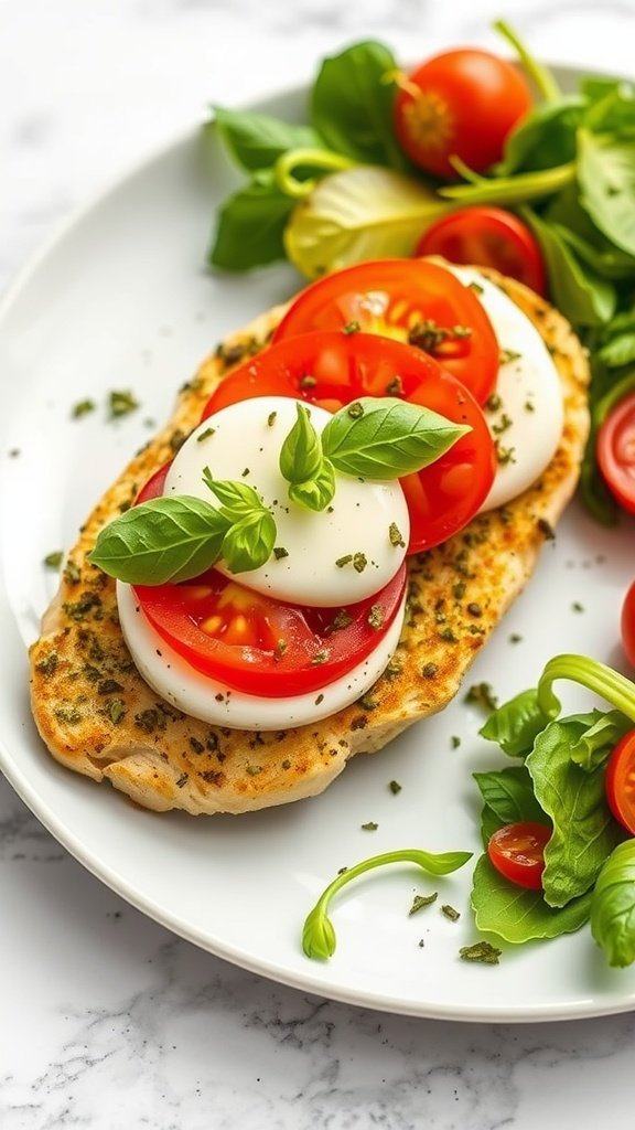 A delicious plate of Pesto Caprese Chicken topped with mozzarella, tomatoes, and basil.