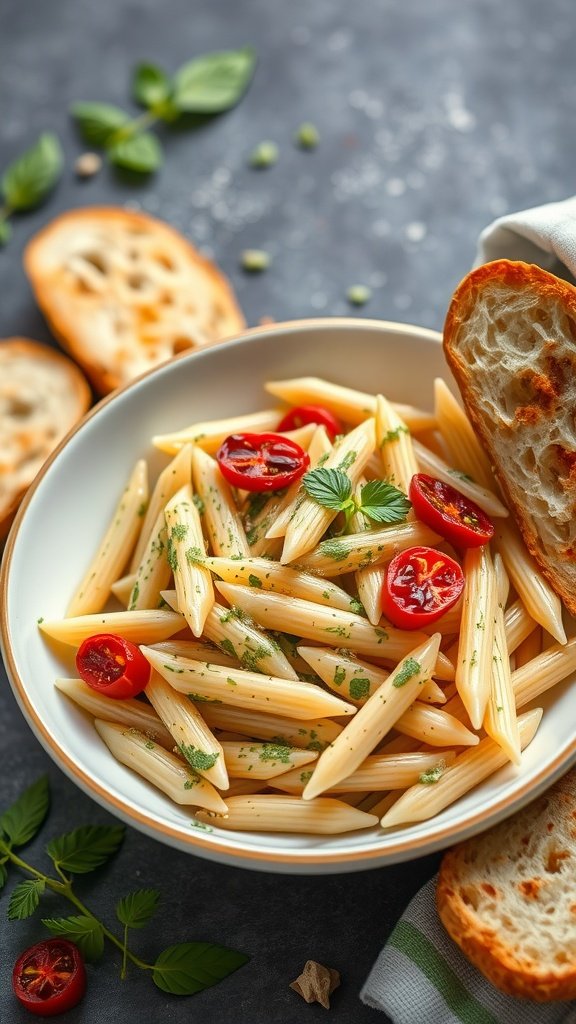 A bowl of creamy penne pasta with sun-dried tomatoes and fresh basil.