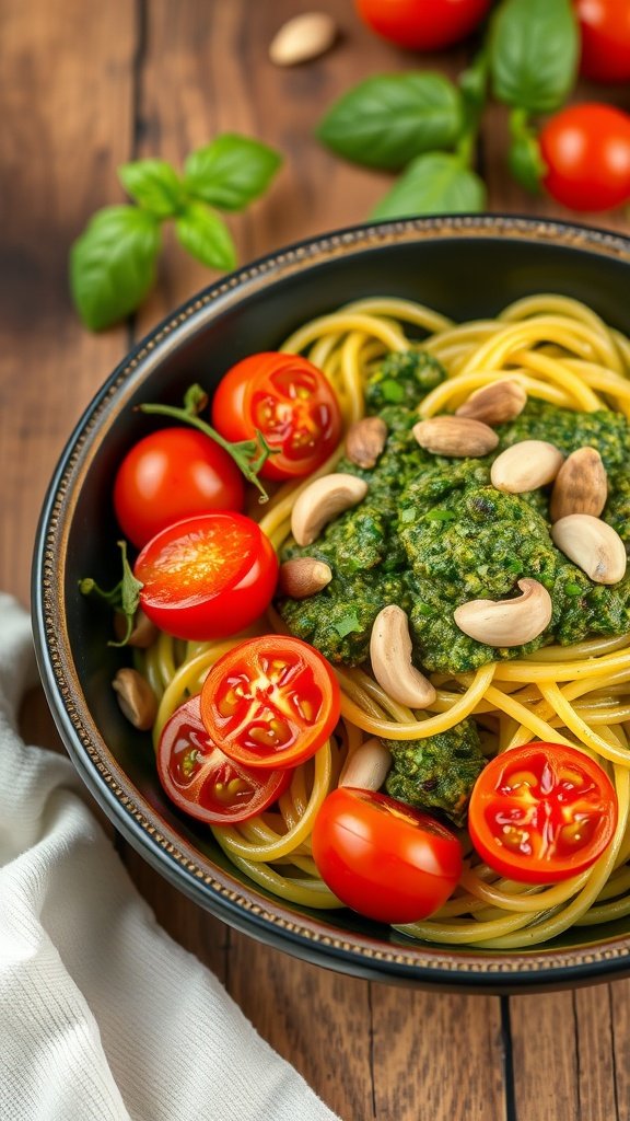 A delicious bowl of pesto pasta topped with cherry tomatoes and nuts, garnished with fresh basil.