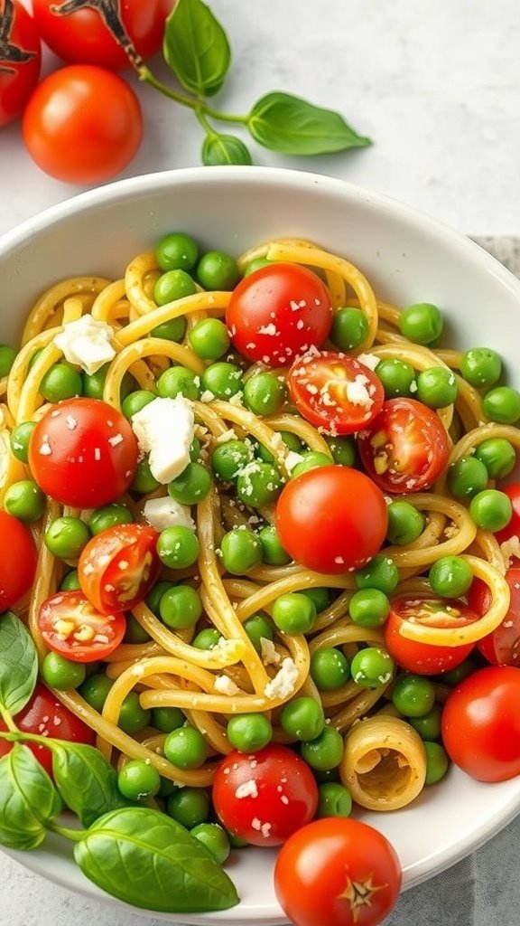 A bowl of pesto pasta topped with cherry tomatoes and peas
