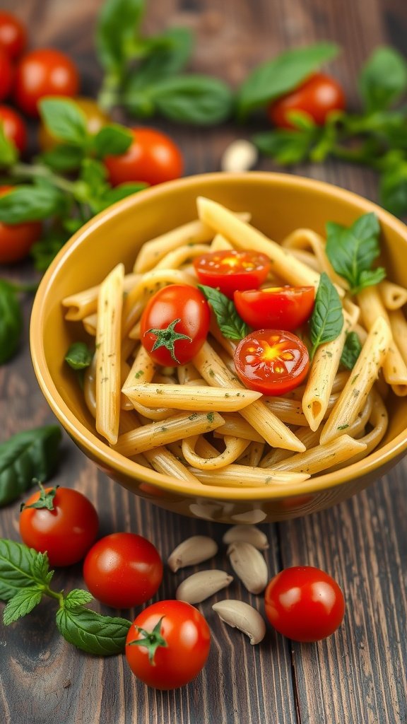 A bowl of pesto penne pasta with cherry tomatoes and basil