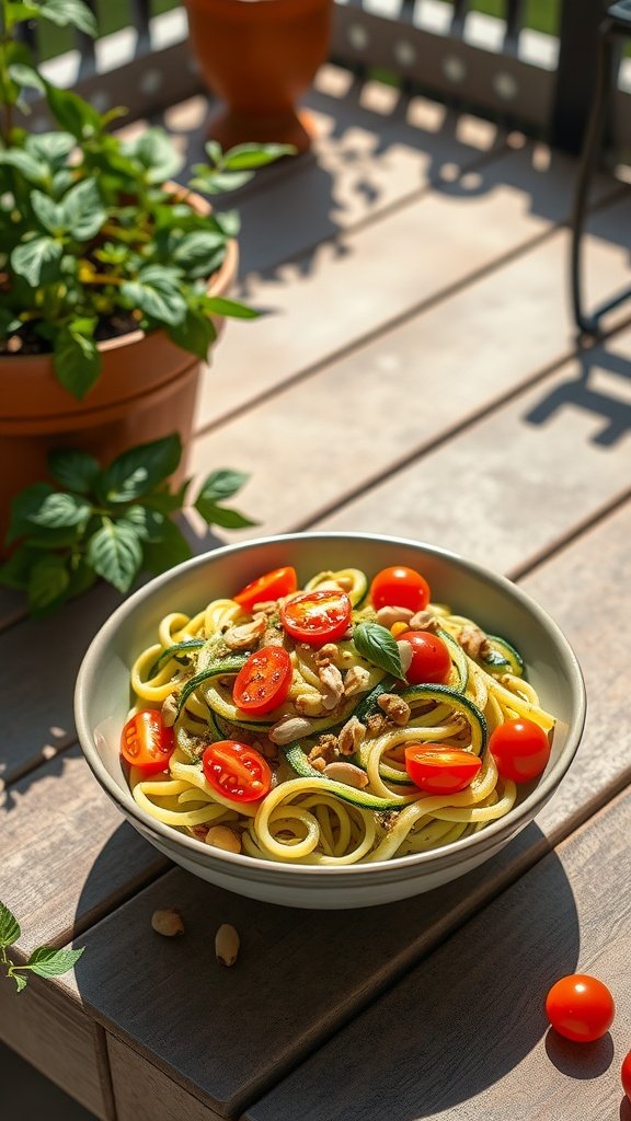 A bowl of pesto zucchini noodles with cherry tomatoes and pine nuts, garnished with fresh basil.