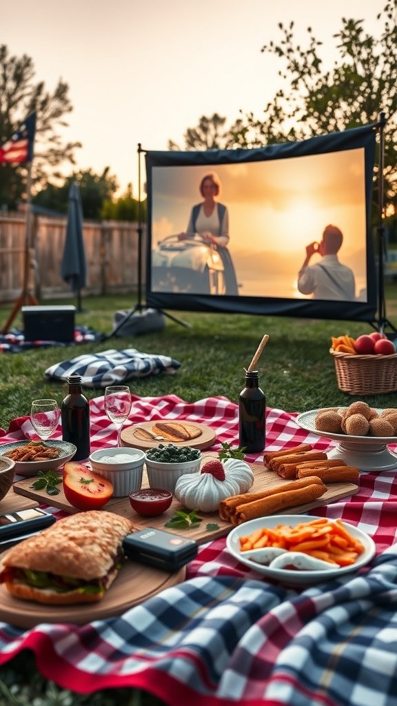 A picnic blanket spread with food and drinks in front of a movie projector screen outdoors