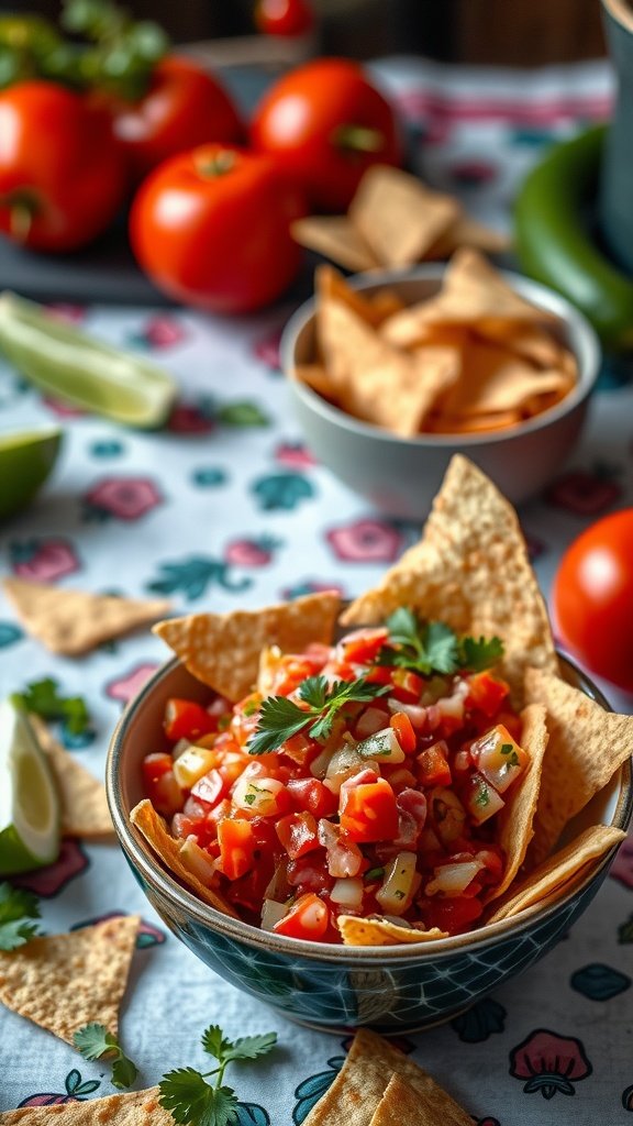 A bowl of Pico de Gallo surrounded by tortilla chips and fresh tomatoes on a colorful tablecloth.