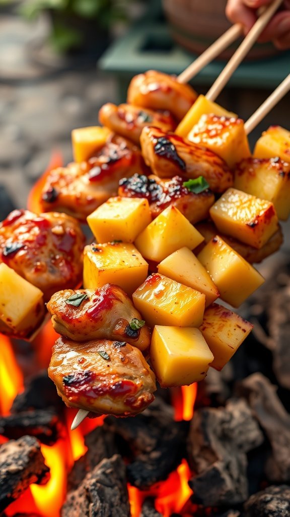 Skewers of Pineapple Teriyaki Chicken cooking over a campfire
