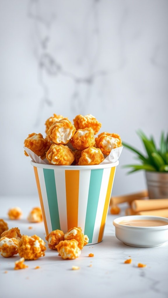 Delicious popcorn chicken bites in a colorful container.