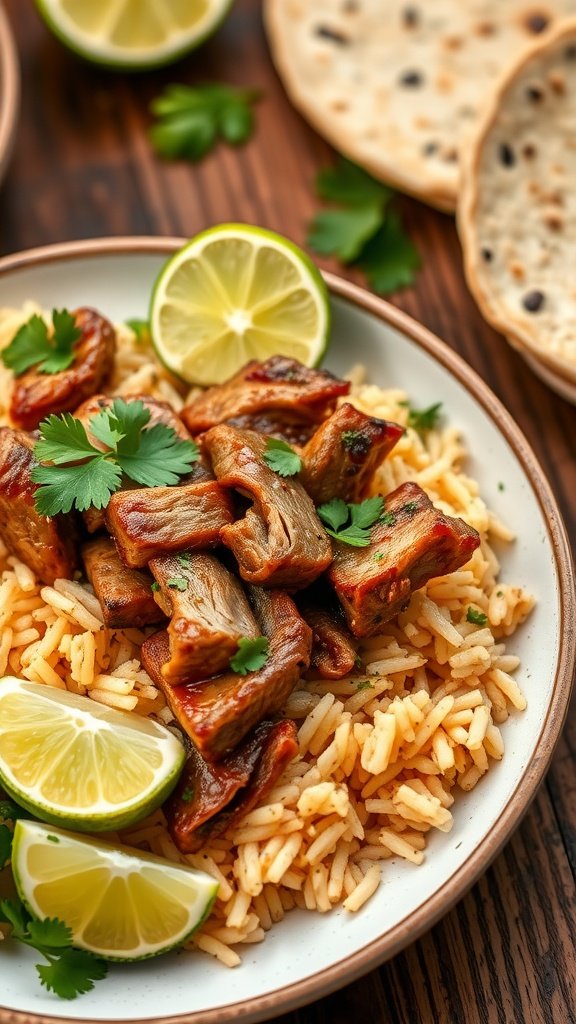 A plate of pork carnitas served on cilantro lime rice, garnished with lime wedges and fresh cilantro.