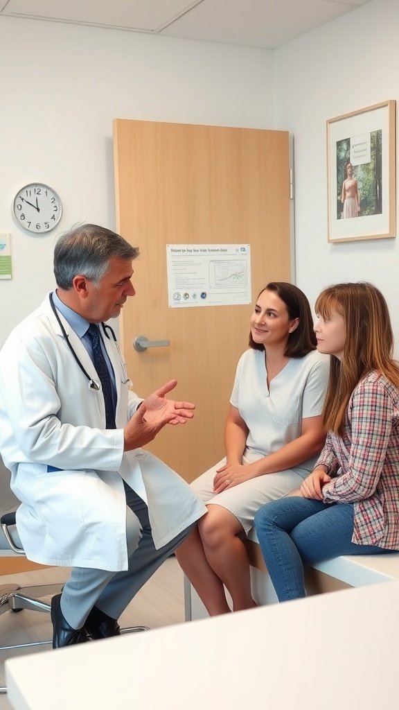 A doctor consulting with a mother and her daughter about health concerns.