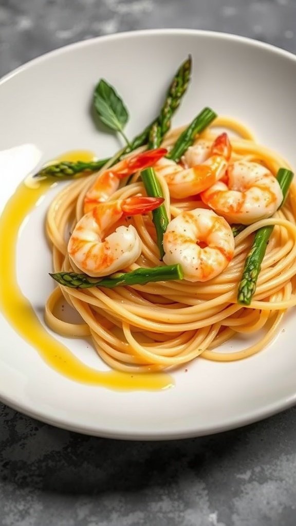 A bowl of Prawn and Asparagus Tagliatelle garnished with fresh ingredients.