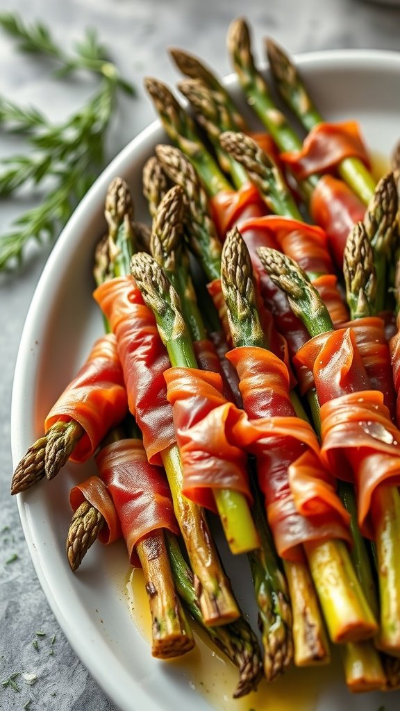 Prosciutto-wrapped asparagus bundles arranged on a plate