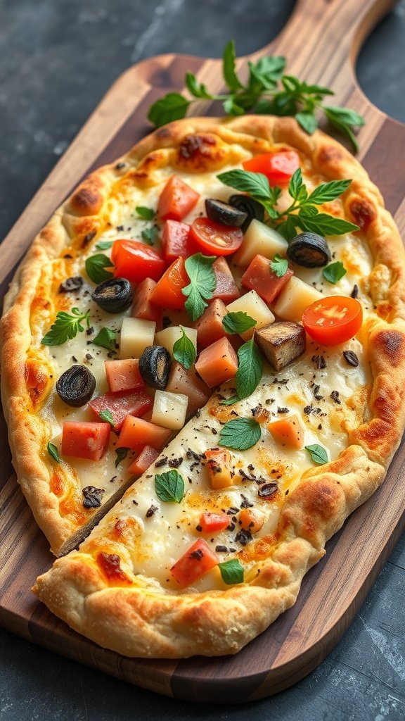 Cheesy flatbread topped with veggies on a wooden board.