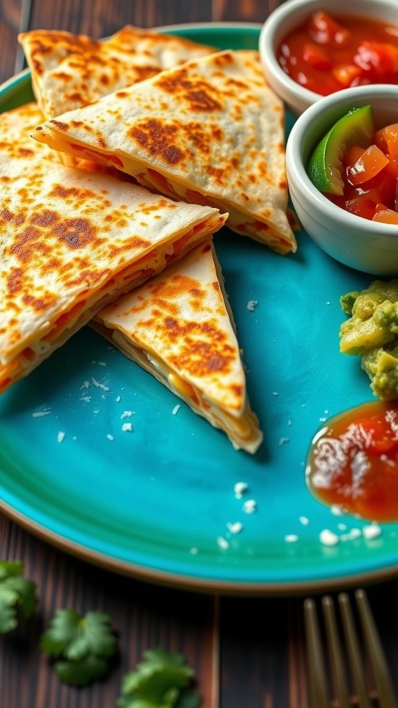 Delicious cheesy quesadillas served with salsa and guacamole