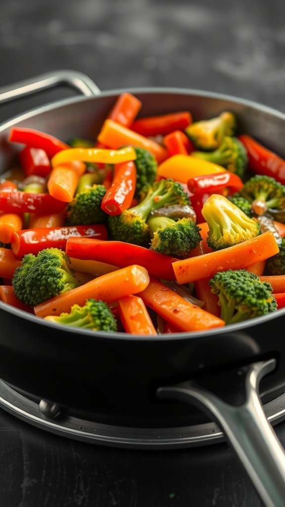 A colorful vegetable stir-fry with an assortment of fresh vegetables in a skillet.