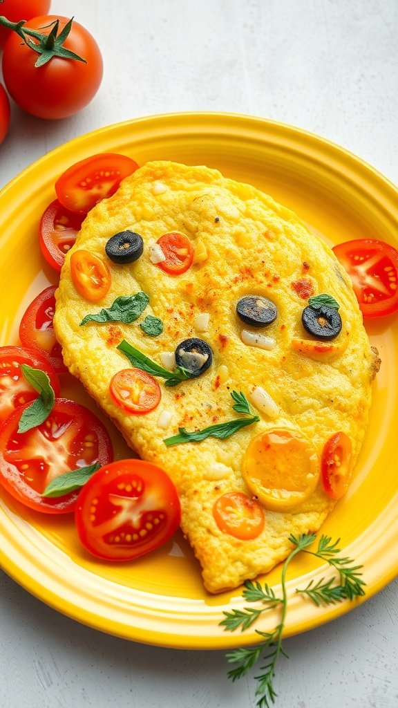 A vibrant veggie omelette served with sliced tomatoes on a yellow plate.