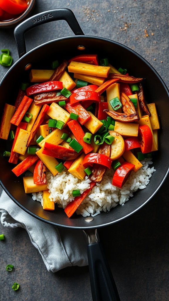 A colorful veggie stir-fry served over rice.