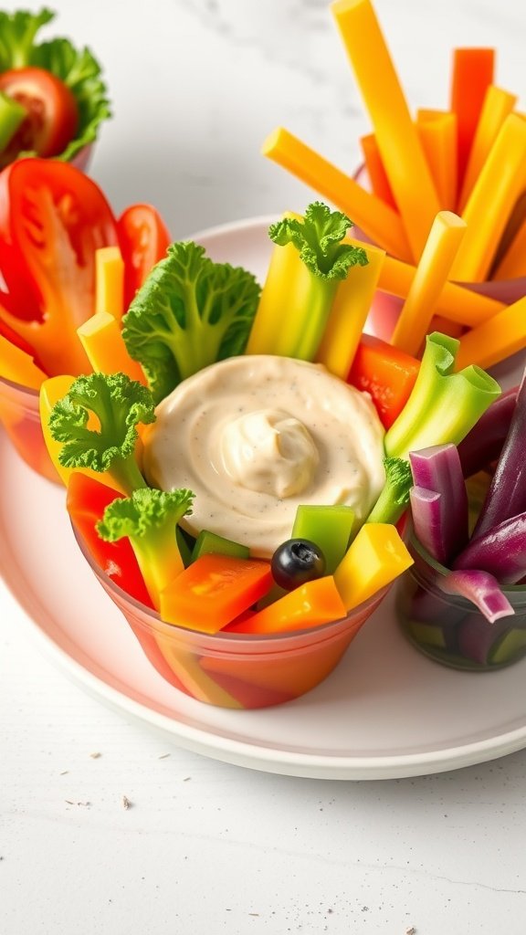 Colorful veggie cups filled with fresh vegetables and ranch dressing