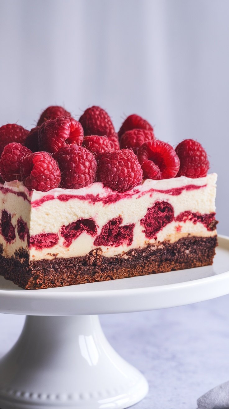 A delicious dessert featuring raspberry cheesecake brownies topped with fresh raspberries on a white cake stand.
