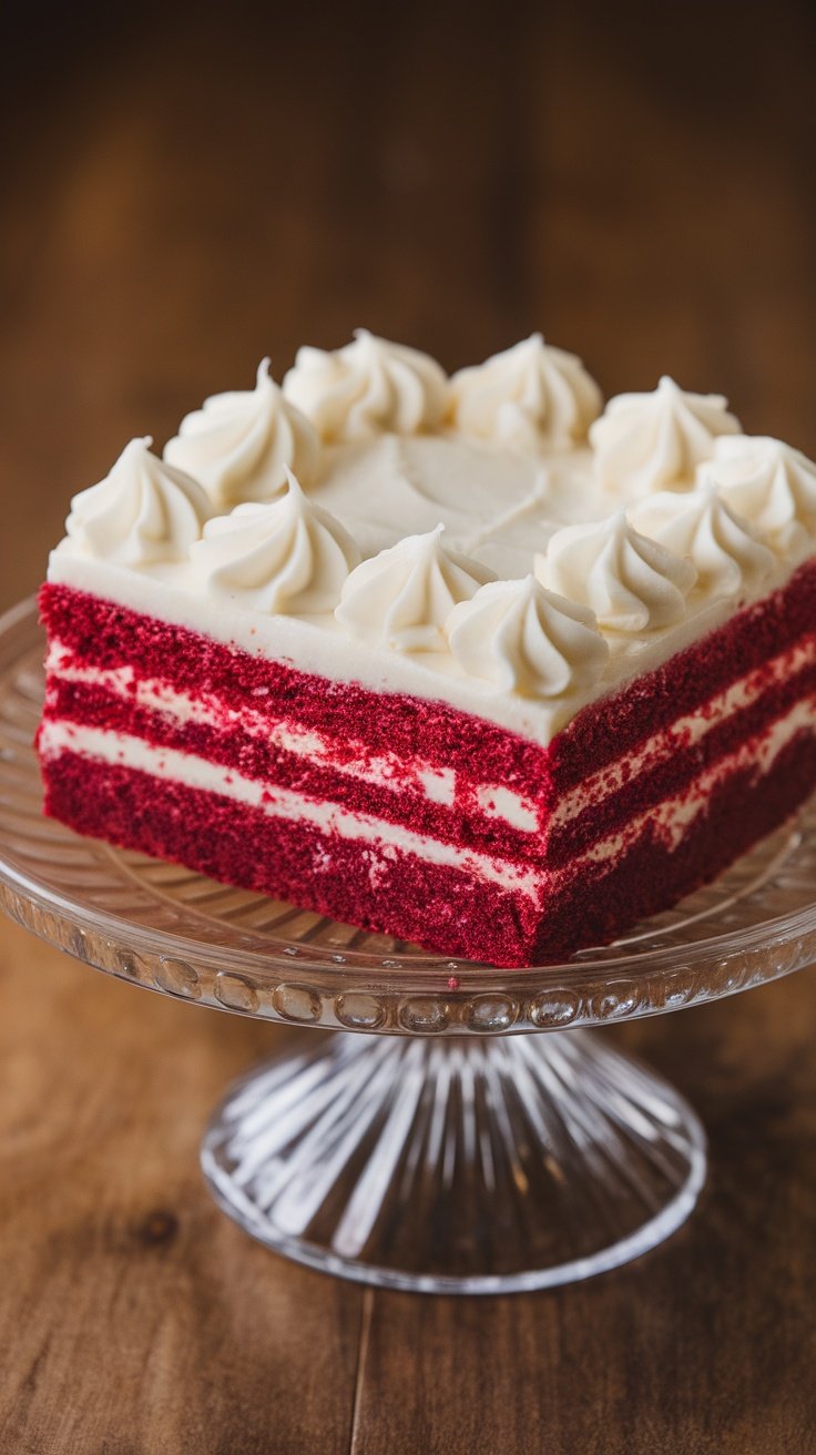 A slice of red velvet brownie with cream cheese frosting on a glass cake stand.