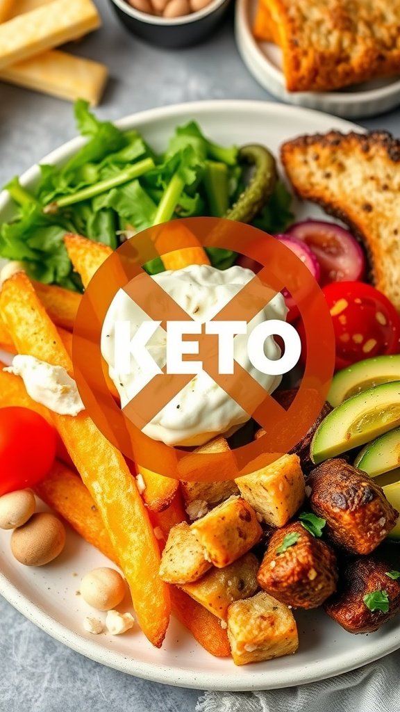 A plate of food with a 'KETO' crossed out, indicating non-keto foods.
