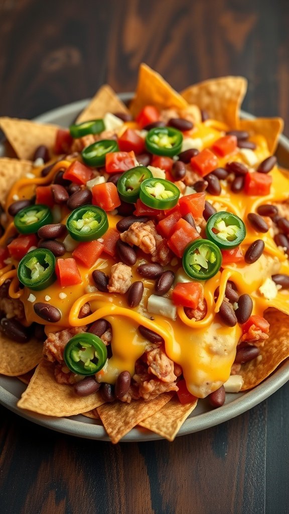 A plate of nachos topped with refried beans, cheese, black beans, diced tomatoes, and jalapeños