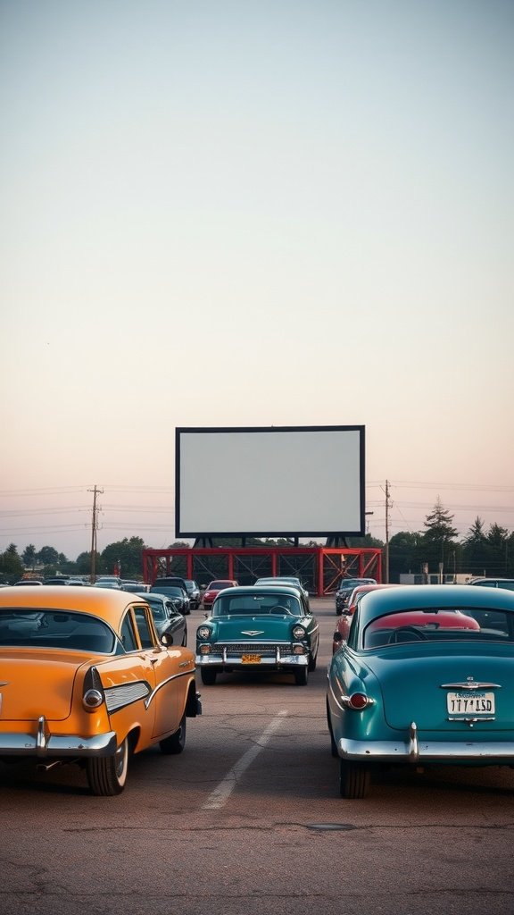 Vintage cars parked at a drive-in movie theater with a large screen