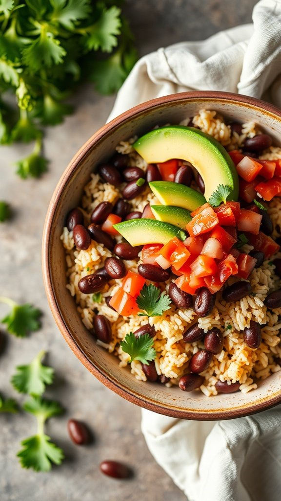 A colorful Rice and Beans Bowl with rice, black beans, avocado, tomatoes, and cilantro.