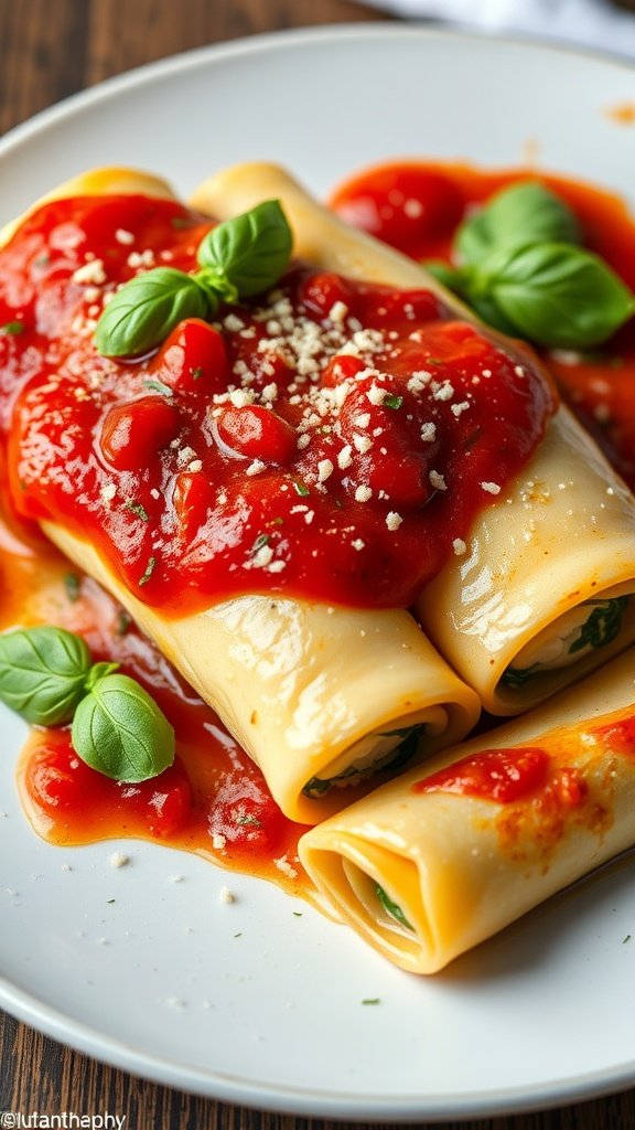 Ricotta and Spinach Cannelloni served with marinara sauce and basil