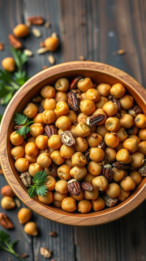 A bowl of roasted chickpeas mixed with nuts, garnished with herbs.