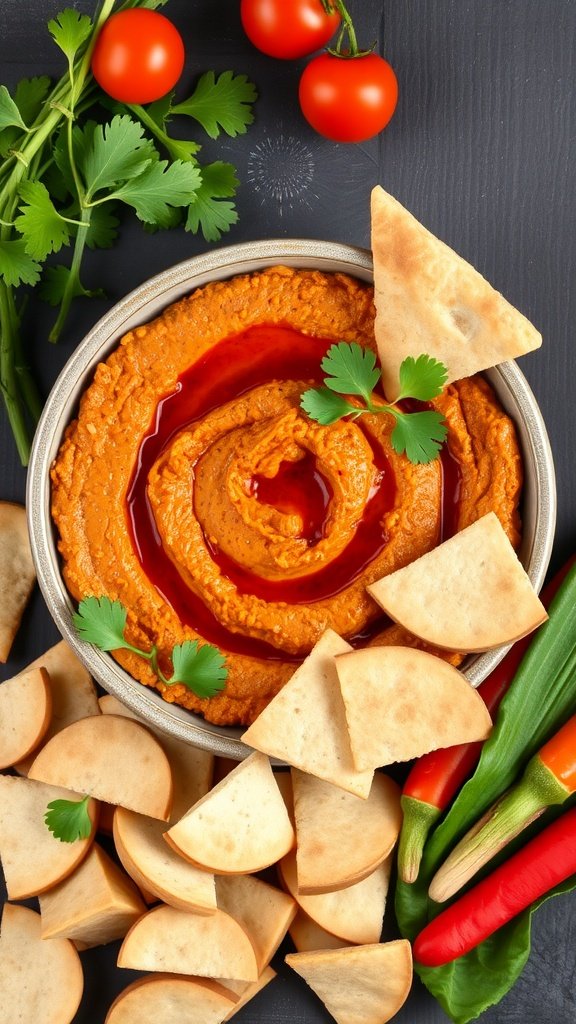 A bowl of roasted red pepper hummus garnished with olive oil and served with pita chips.