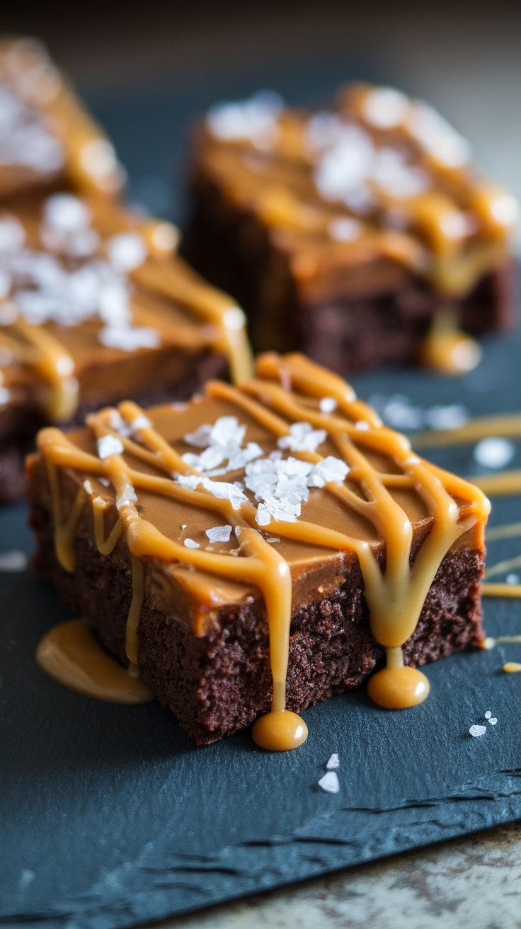 Delicious salted caramel brownies drizzled with caramel and sprinkled with sea salt