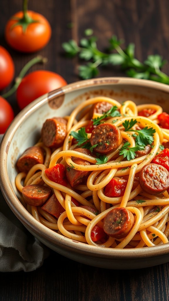 A bowl of sausage and peppers pasta with garnished parsley