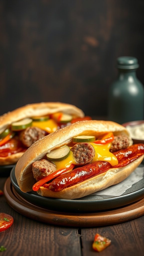 Sausage and peppers sandwiches with melted cheese and pickles on a wooden table.