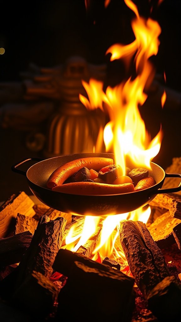 A skillet with sausage and vegetables cooking over a campfire.