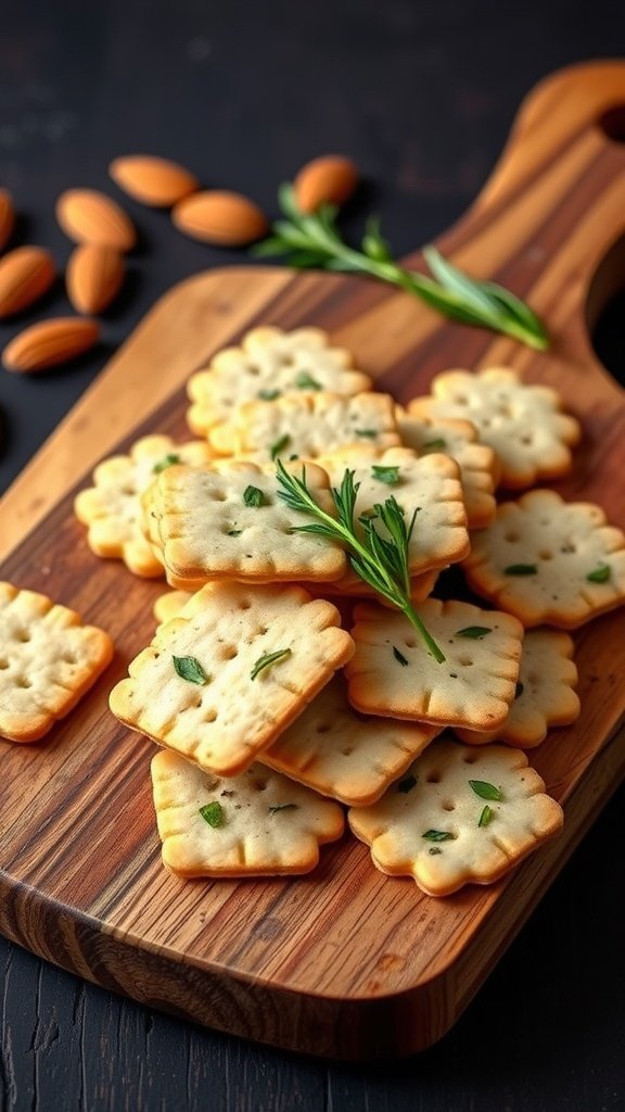 Savory Almond and Herb Crackers on a wooden board