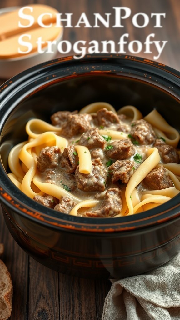 A crockpot filled with beef stroganoff over noodles, garnished with parsley.